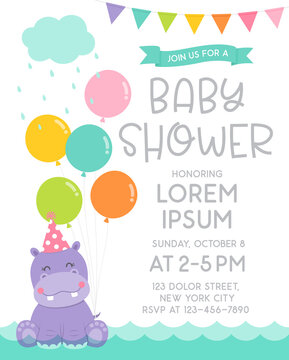 Cute hippopotamus with balloons cartoon illustration for baby shower invitation card template.