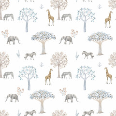 Beautiful vector seamless pattern with hand drawn watercolor cute trees and safari elephant giraffe zebra animals. Stock illustration. © zenina
