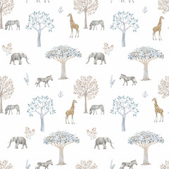 Beautiful vector seamless pattern with hand drawn watercolor cute trees and safari elephant giraffe zebra animals. Stock illustration. - obrazy, fototapety, plakaty