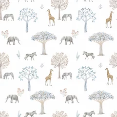 Tapeten Beautiful vector seamless pattern with hand drawn watercolor cute trees and safari elephant giraffe zebra animals. Stock illustration. © zenina