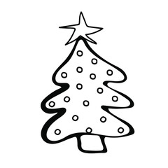 Christmas tree in doodle style. New year and christmas hand-drawn decorations. Vector illustration.