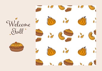 Seamless pattern of pumpkin pie and elements of cozy autumn. In the style of doodles. Cartoon vector illustration on a white isolated background