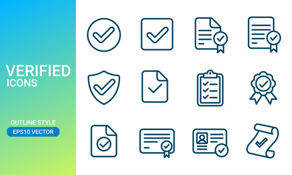 Verified icons set in outlined style. Suitable for design element of document certification and identity verification app UI UX. Approved files notification icons set.