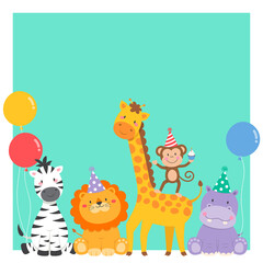 Obraz na płótnie Canvas Cute wildlife animals cartoon illustration design for party invitation card template