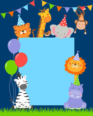 Cute wildlife cartoon animals border design for party invitation card template