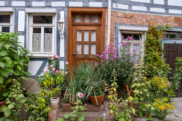 Fototapeta na wymiar View of a house facade that is richly decorated with plants in front of it 