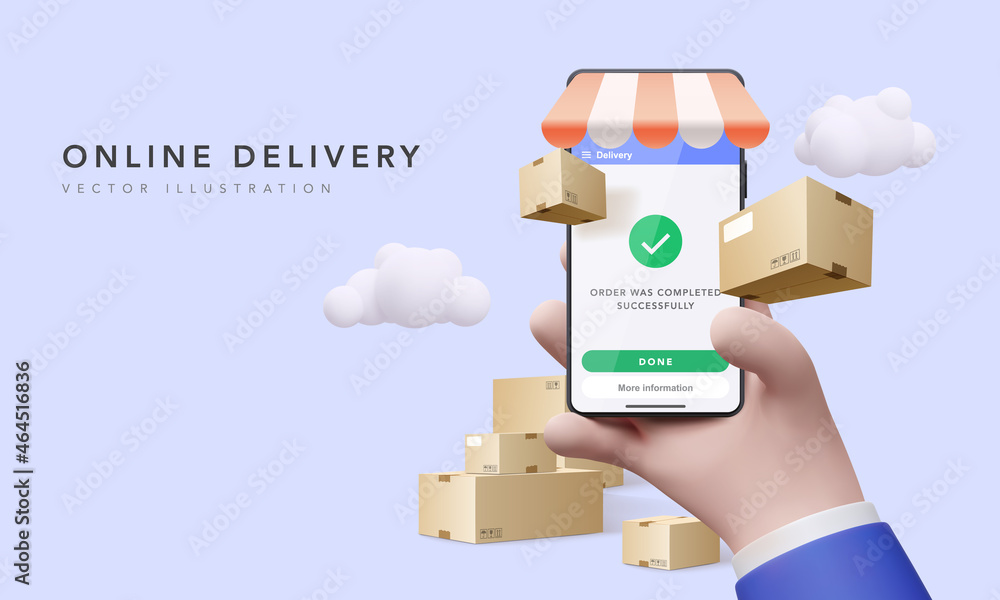 Poster online delivery via an app on the mobile screen to order products and ship them around the world. co