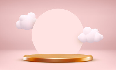 3d realistic podium and clouds. Minimal valentine background. Render of pink pastel podium. Vector illustration