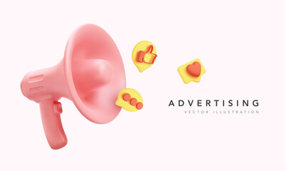 Realistic 3D red megaphone with icons. Vector illustration