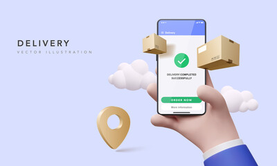 3d render for online delivery phone concept. Fast respond delivery package shipping on mobile. Online order tracking with map. Vector illustration