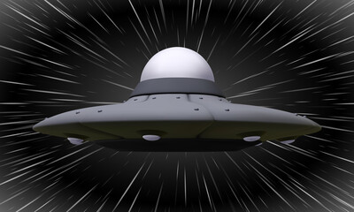 Unidentified flying object. Futuristic UFO on the space speed background. Vector illustration.
