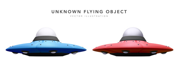Set of 3d realistic unidentified flying objects isolated on white background. Vector illustration © bs_k1d