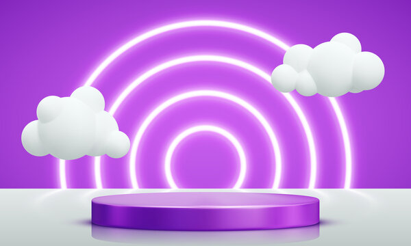Purple podium decorated with lighting. Realistic violet pedestal scene with clouds for product, advertising, show, award ceremony, on yellow background. Minimal style. Vector illustration