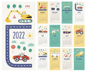 cute funny happy 2022 calendar for little kids boys children baby with cars, train, plane, cats, mixer, truck, van in pastel colours - obrazy, fototapety, plakaty