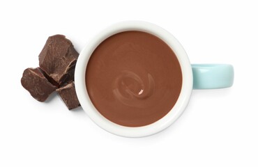 Yummy hot chocolate in cup on white background. top view