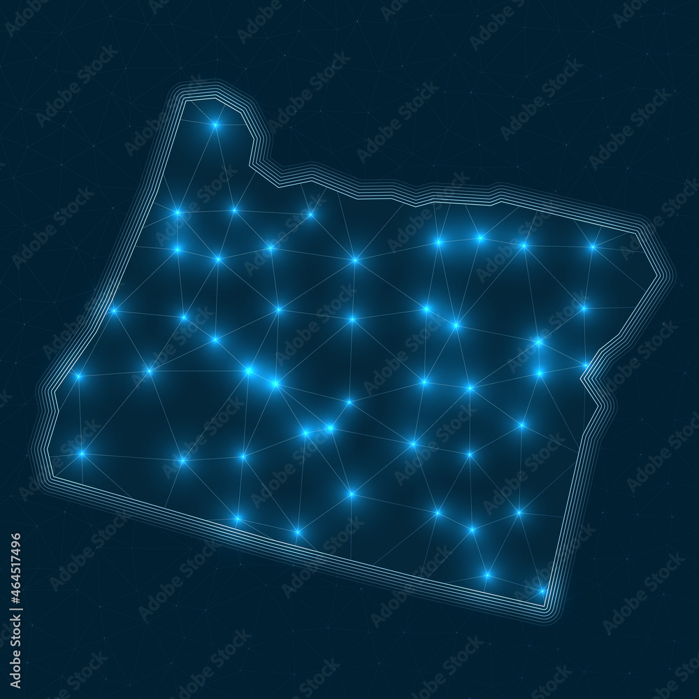 Poster Oregon network map. Abstract geometric map of the US state. Digital connections and telecommunication design. Glowing internet network. Powerful vector illustration.