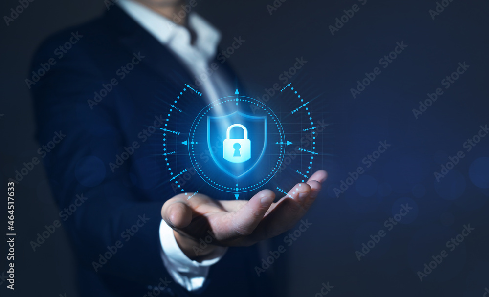 Poster businessman protecting data personal information. cyber security data concept. padlock and internet 