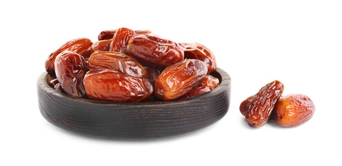 Tasty sweet dried dates on white background
