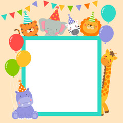 Cute wildlife animals cartoon border for party invitation card template.