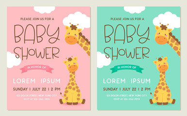 Set of cute mother and child giraffe cartoon design for baby shower invitation card template.