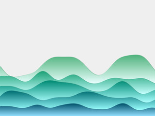Abstract mountains background. Curved layers in teal green colors. Papercut style hills. Awesome vector illustration.