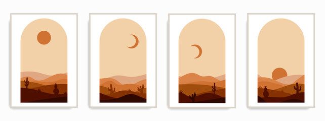 Set of abstract landscape posters. Modern background flat design, contemporary boho sun moon mountains and cactus minimalist wall decor. Vector art print