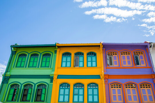 The colorful windows of the Islam style house in Arab street of Singapore. Visitors who enjoy a little bargaining will find it here among the historic shops selling textiles, perfume and more.