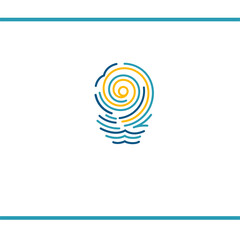 Fingerprint and sunset. Sun, waves, and bird in fingerprint shape. Line art. Vector logo design template.