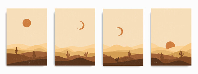 Set of abstract landscape posters. Modern background flat design, contemporary boho sun moon mountains and cactus minimalist wall decor. Vector art print © Tymofii