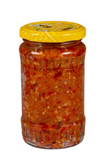 Jar with vegetable zacusca isolated on white background. Zacusca is a traditional Romanian dish.
