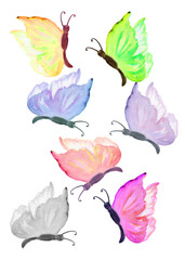 Watercolor set of colored butterflies. Perfect for stickers,stickers,postcards,baby shower,crafts and hobbies.