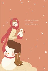 雪だるまの上に雪だるまを持って座る女性のクリスマスカード＆年賀状

