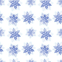 Fototapeta na wymiar Snowflakes with a watercolor texture. Celebratory background can be used for graphic designs Christmas, invitations and greeting cards, gift wrap, posters, winter holidays. Seamless pattern.