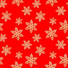 Naklejka na ściany i meble Gold Snowflakes with a watercolor texture. Celebratory red background can be used for graphic designs Christmas, invitations and greeting cards, gift wrap, posters, winter holidays. Seamless pattern.