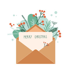 Template of open beige envelope with sheet and text Merry Christmas. Vector template for Christmas and New Year invitation or greeting card. Envelope with leaves, pine branch and floral elements