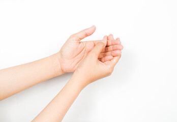 the right hand rubbing the left hand, a proper way to wash hands. a collection of hand gestures isolated on a white background.