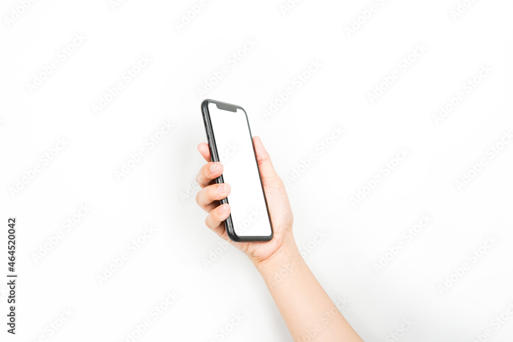 Poster a hand holding a cellphone with an empty screen in a position like it wants to see something. a smar