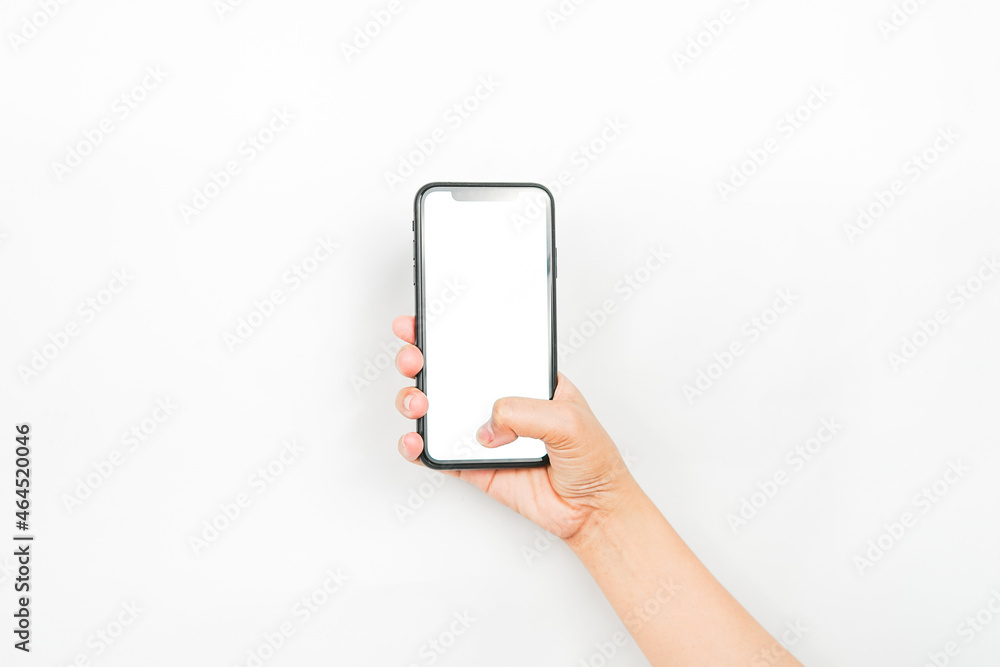 Poster a hand holding a cellphone with an empty screen. a smartphone with a blank white screen used for adv