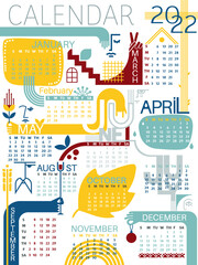 Abstract stylish calendar 2022. Faces and abstract spots in a stylish calendar. The trend of 2022