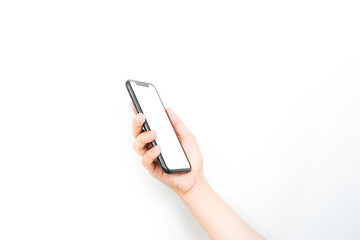 a hand holding a cellphone in a position like it wants to see something. a smartphone with a blank white screen used for advertising mockup.