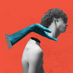 Modern design, contemporary art collage. Inspiration, idea, trendy urban magazine style. Male head and hand on dark red background