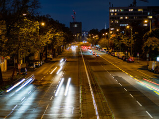 light trails on a city highway. Night city.