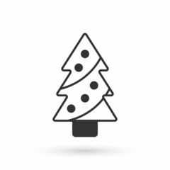Grey Christmas tree with decorations icon isolated on white background. Merry Christmas and Happy New Year. Vector