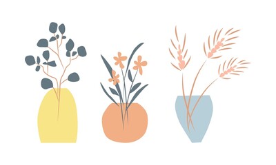Flower vases as a mid-century wall decor. Set. Design elements for a book cover, page template, print, map, brochure, magazine, poster. Vector