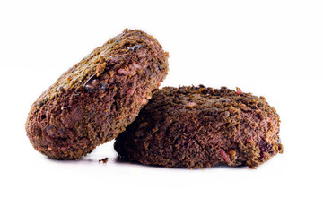 alternative burger made from black beans, vegetables, beets, wholemeal flour and quinoa, with various vegetables, , white background, isolated