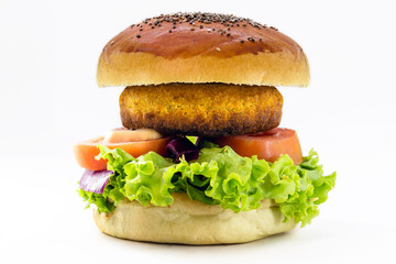 vegan vegetable and quinoa based hamburger, homemade vegan food, healthy snack, artificial meat, white background, isolated