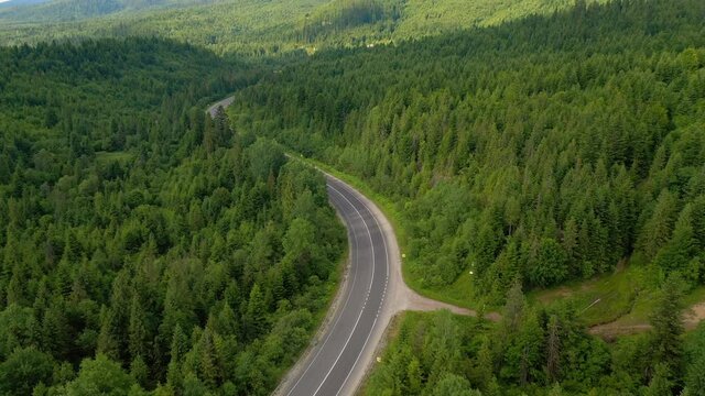 Shooting of a winding road passing through the wood from a bird's eye view. Filmed 4k, drone video.