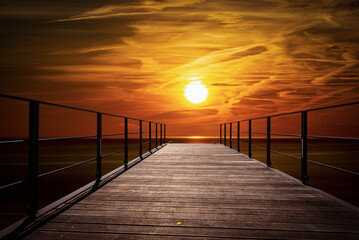 Small empty wooden pier with a beautiful sunset on the horizon over the Mediterranean sea. Italy, Europe.