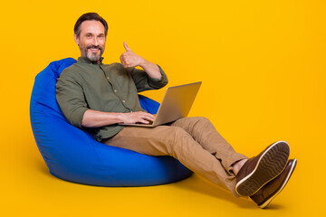 Portrait of attractive cheerful man in bag chair using laptop showing thumbup isolated over bright...