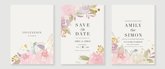 Luxury wedding invitation card background  with golden line art flower and botanical leaves, Organic shapes, Watercolor. Abstract art background vector design for wedding and vip cover template.